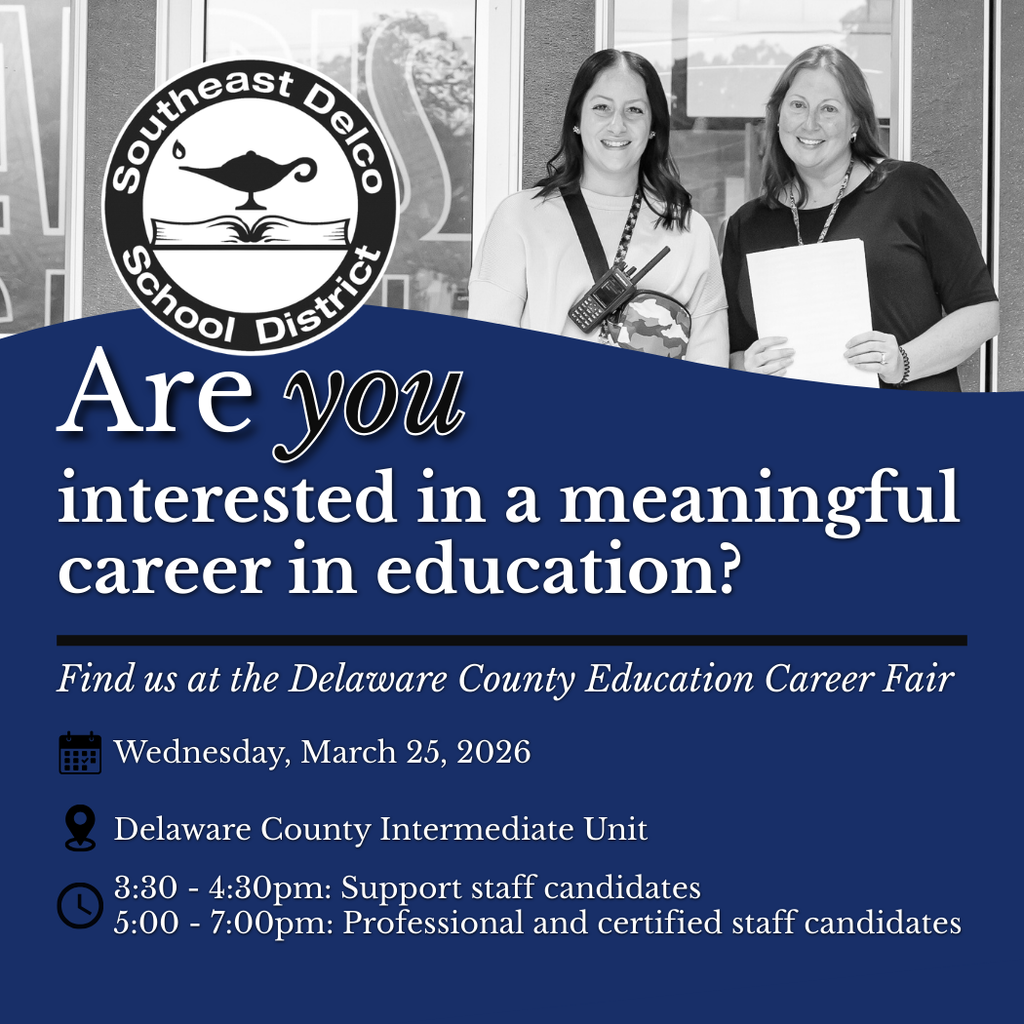 Promotion for meaningful education careers at Delaware County Education Career Fair fair, listing times for support and certified staff candidates.