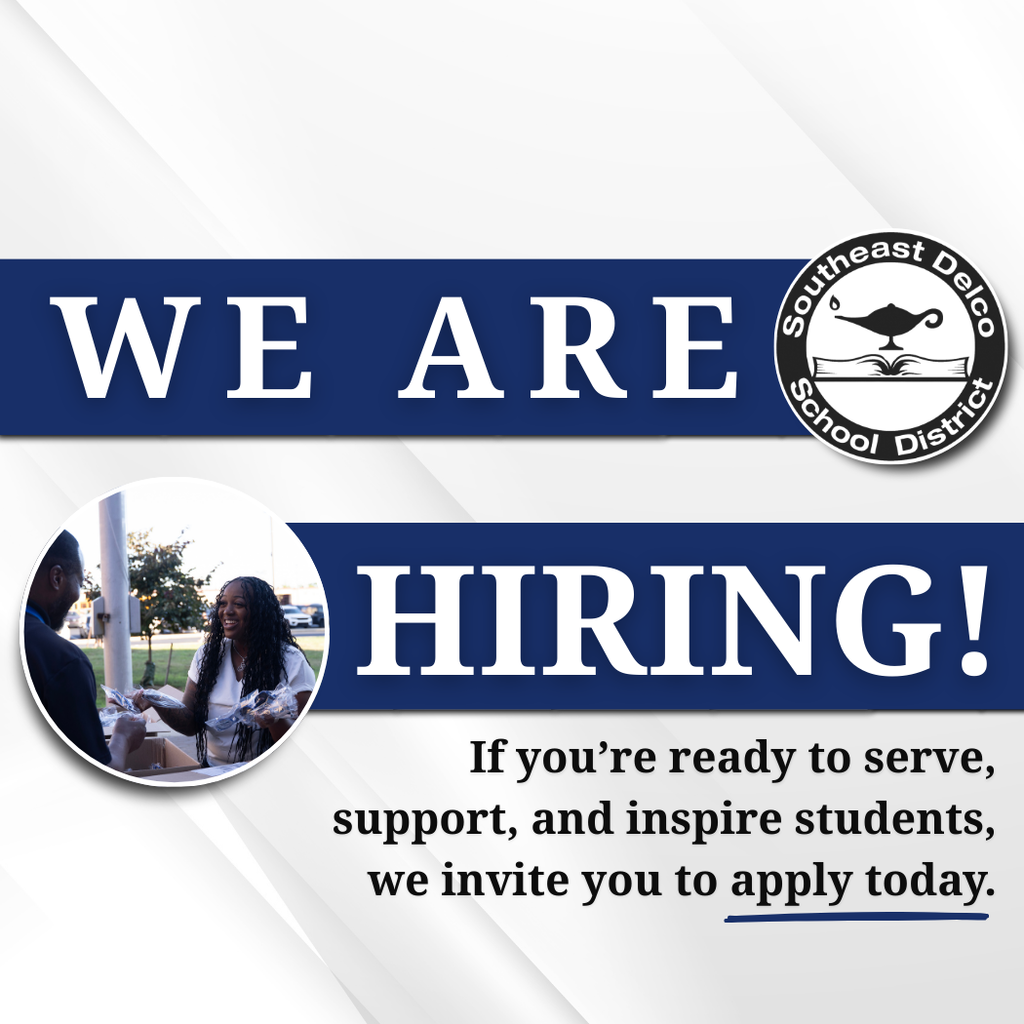 Southeast Delco School District announces job openings with a photo of two people exchanging documents outdoors.