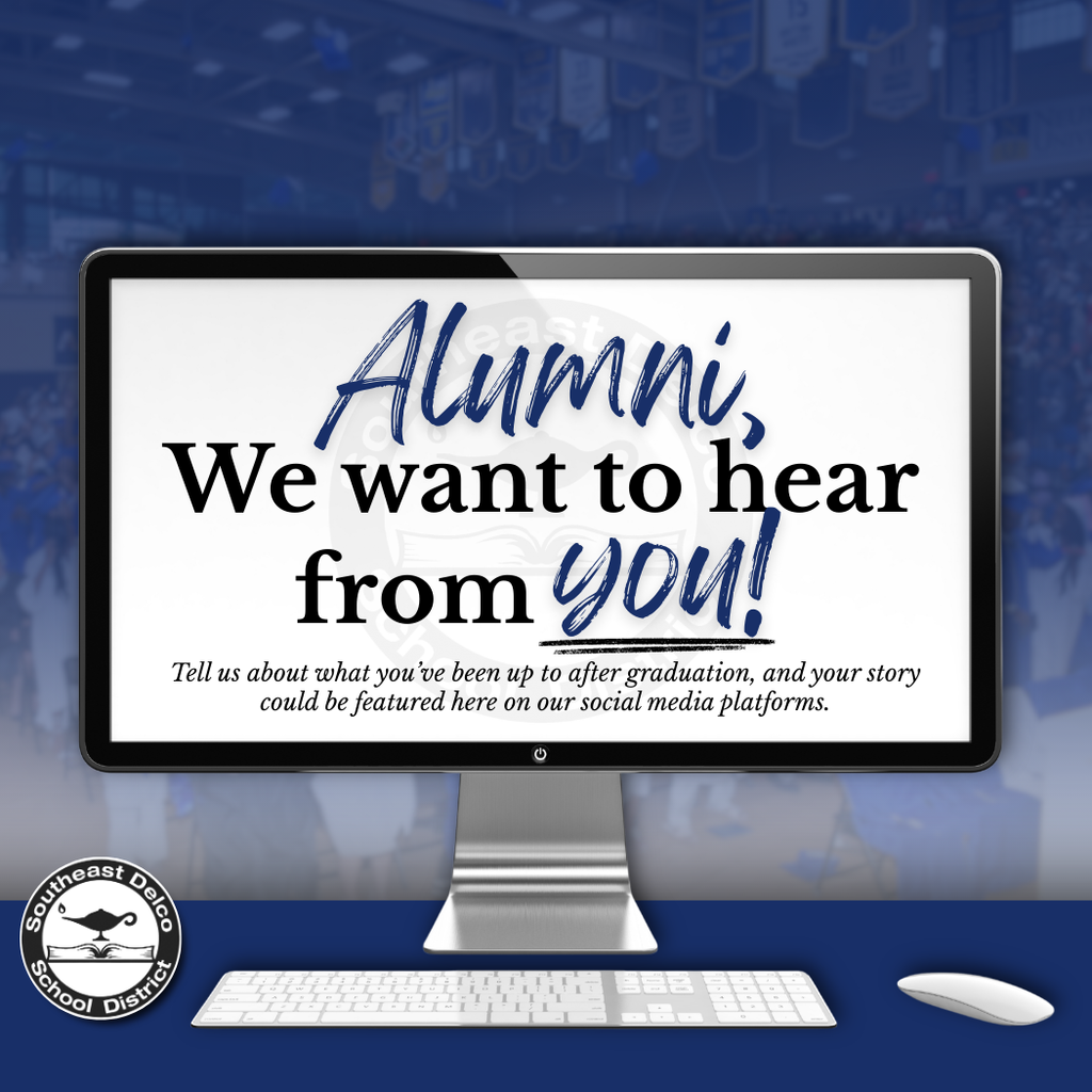Computer screen displaying a call for alumni to share their post-graduation stories for social media features.