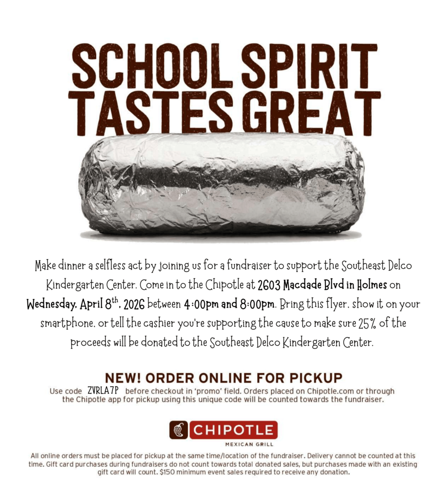 A foil-wrapped Chipotle burrito with bold text saying 'School Spirit Tastes Great' promoting a fundraiser event.
