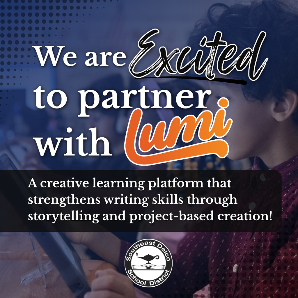 Announcement of a partnership with Lumi, a platform enhancing writing skills via storytelling and project-based learning, alongside a child in a classroom.