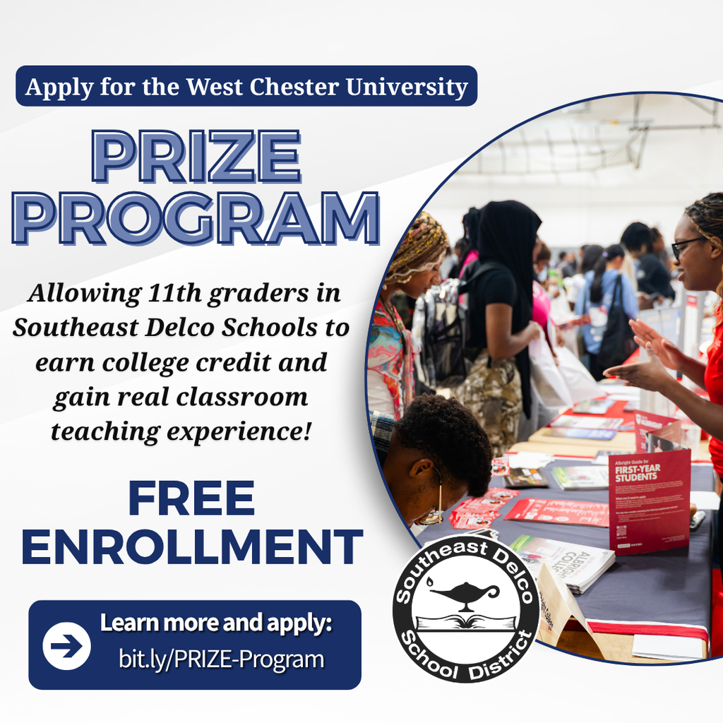 11th graders from Southeast Delco Schools engaging with college program representatives at an informational table for West Chester University's Prize Program.