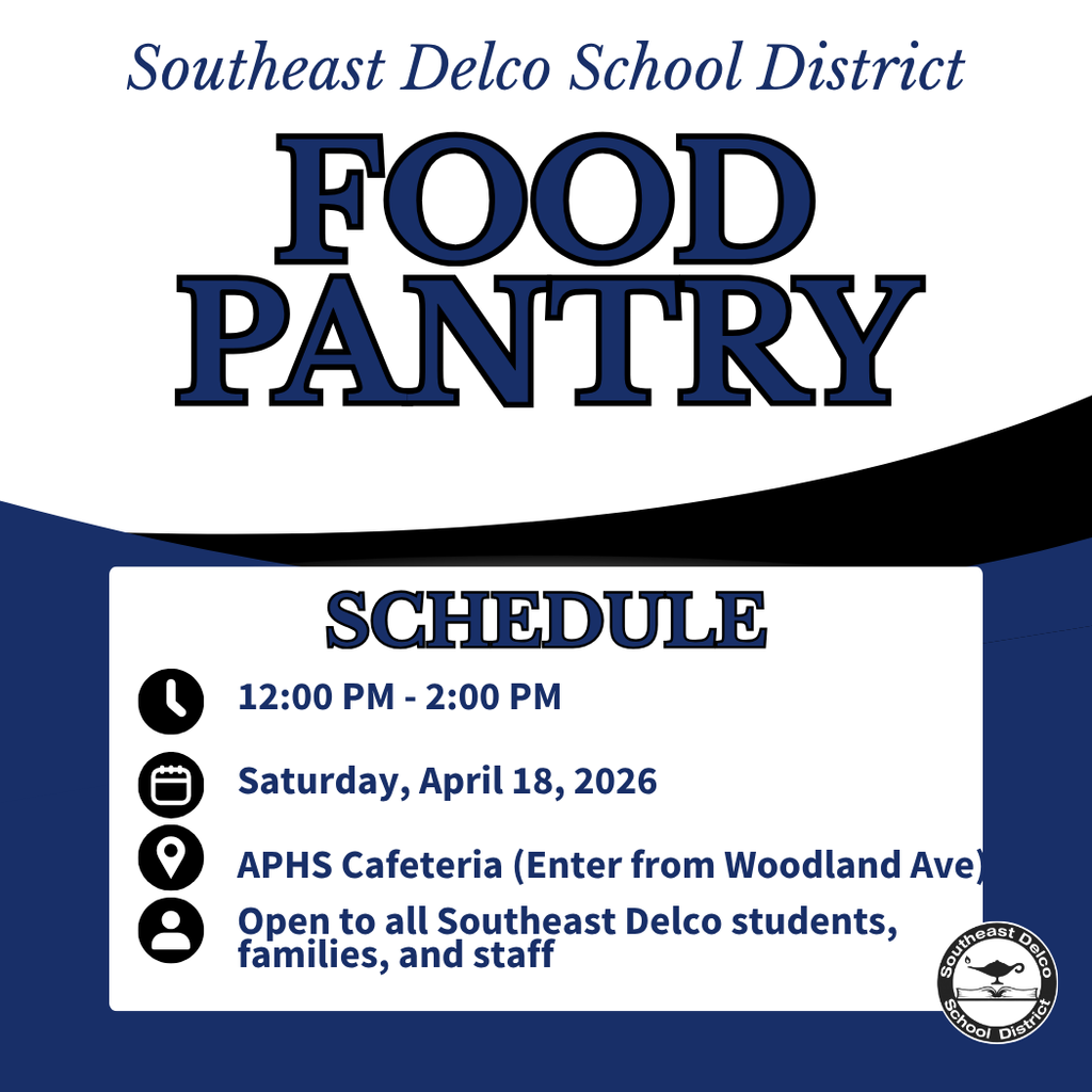 Fresh fruits, eggs, and bread arranged beside Southeast Delco School District food pantry schedule details for April 18, 2026.