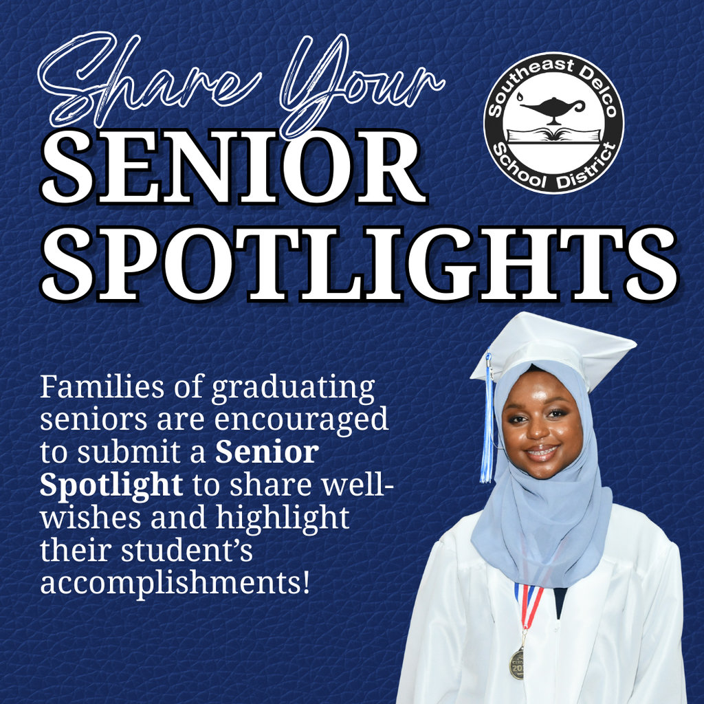 Graduating senior in cap and gown with medal, encouraging families to submit Senior Spotlights for achievements.
