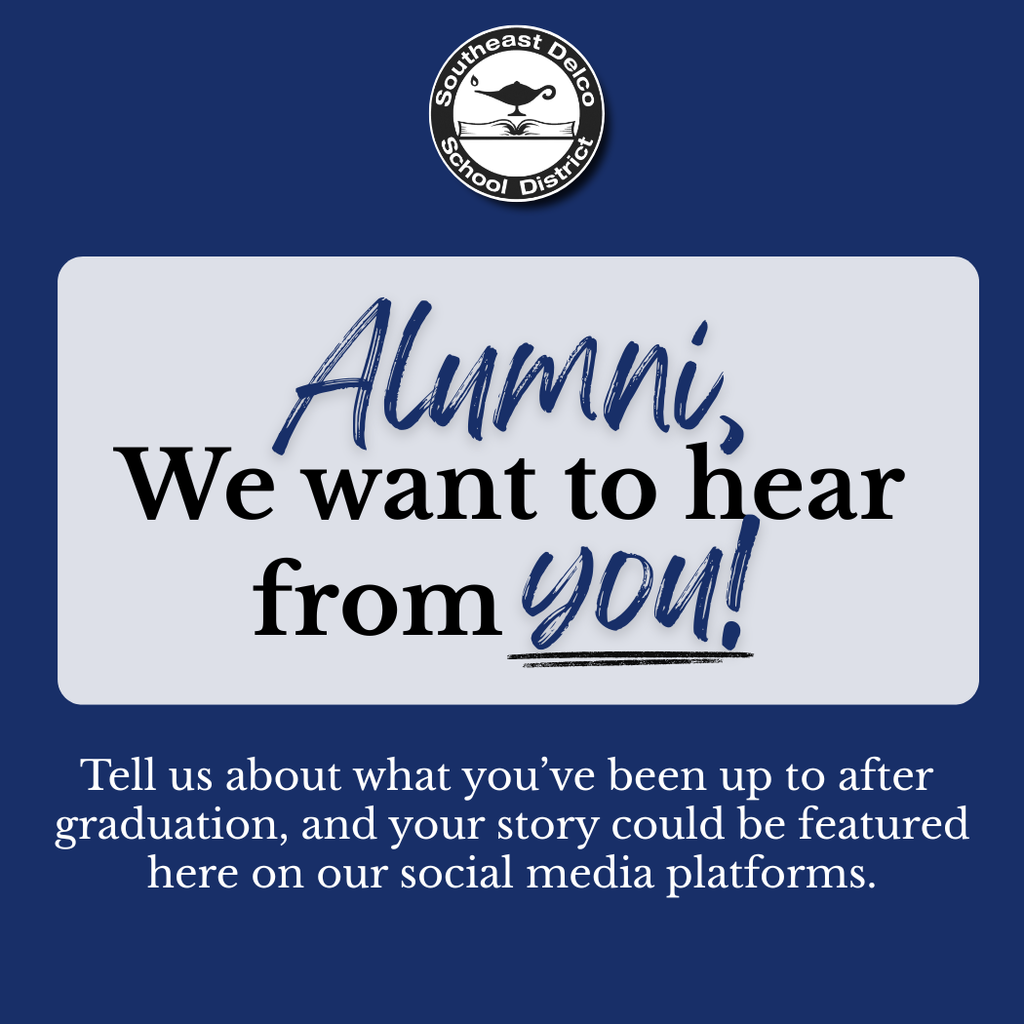 Silhouette of a graduate raising a hand next to a message inviting alumni to share their post-graduation stories for social media features.