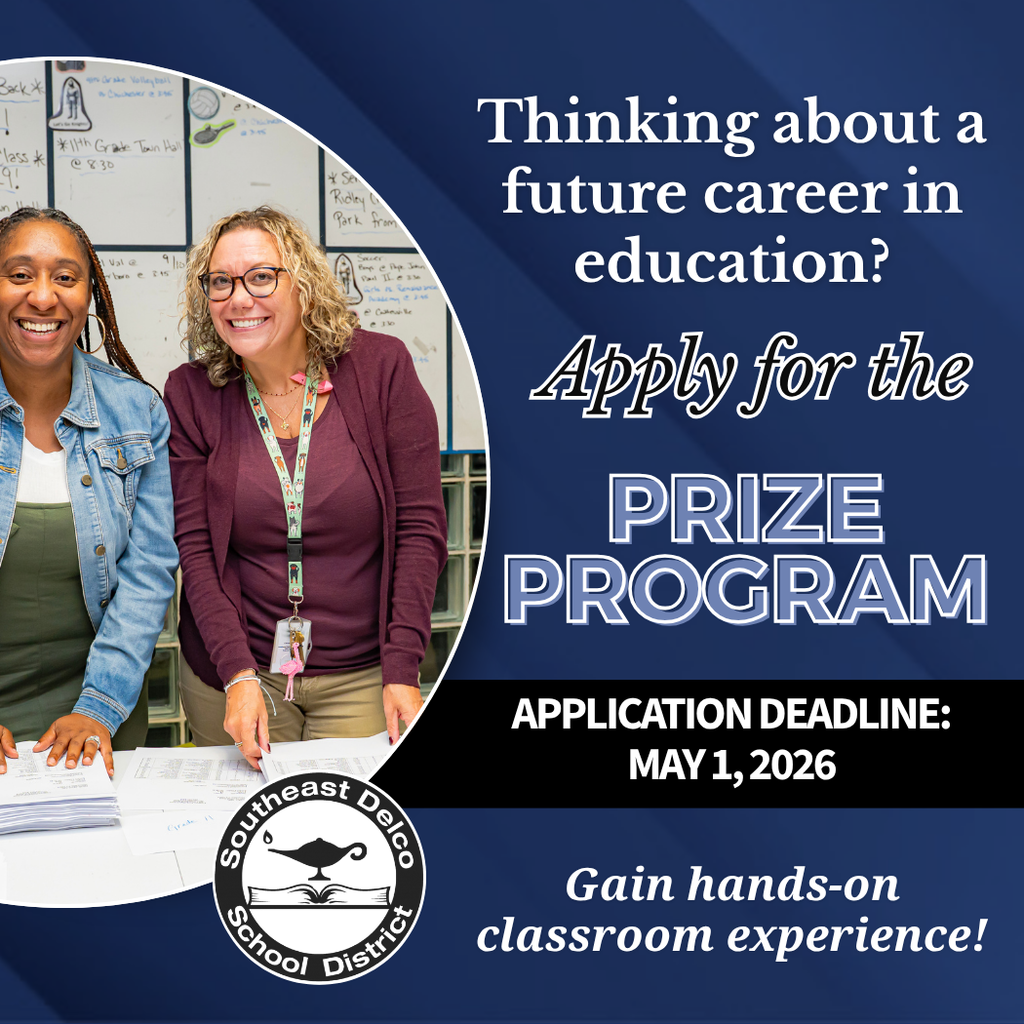 Two educators reviewing papers in a classroom promoting the Prize Program for future education careers with a May 1, 2026 deadline.
