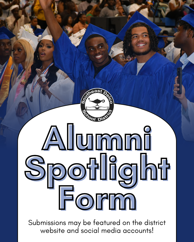 Graduates in blue and white caps and gowns celebrating at a crowded graduation ceremony with a Southeast Delco School District Alumni Spotlight Form overlay.