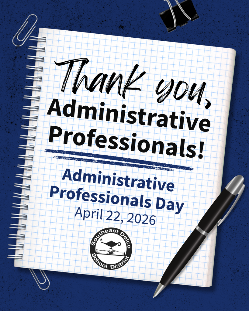 Notebook page with 'Thank you, Administrative Professionals!' and 'Administrative Professionals Day April 22, 2026' text alongside a pen and paperclips.