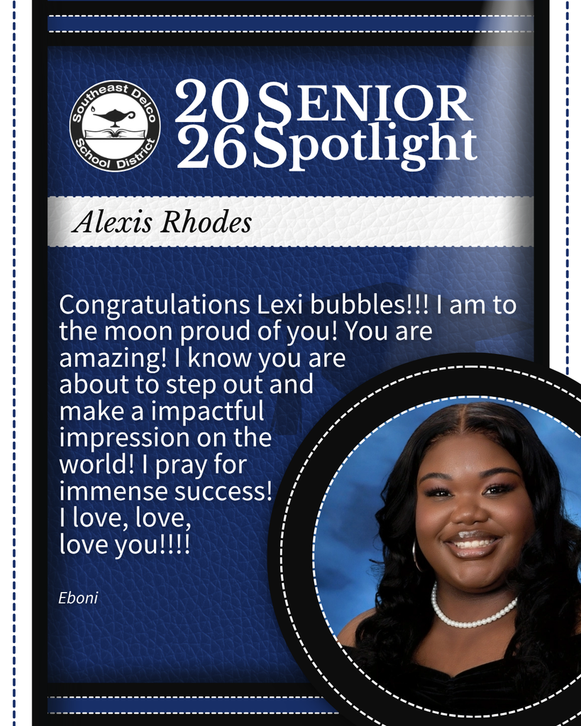 Senior spotlight for Alexis Rhodes with a congratulatory message expressing pride and love from Eboni, featuring a portrait photo.