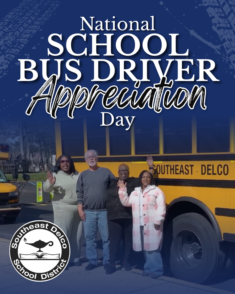 Four people standing and waving in front of a Southeast Delco school bus celebrating National School Bus Driver Appreciation Day.