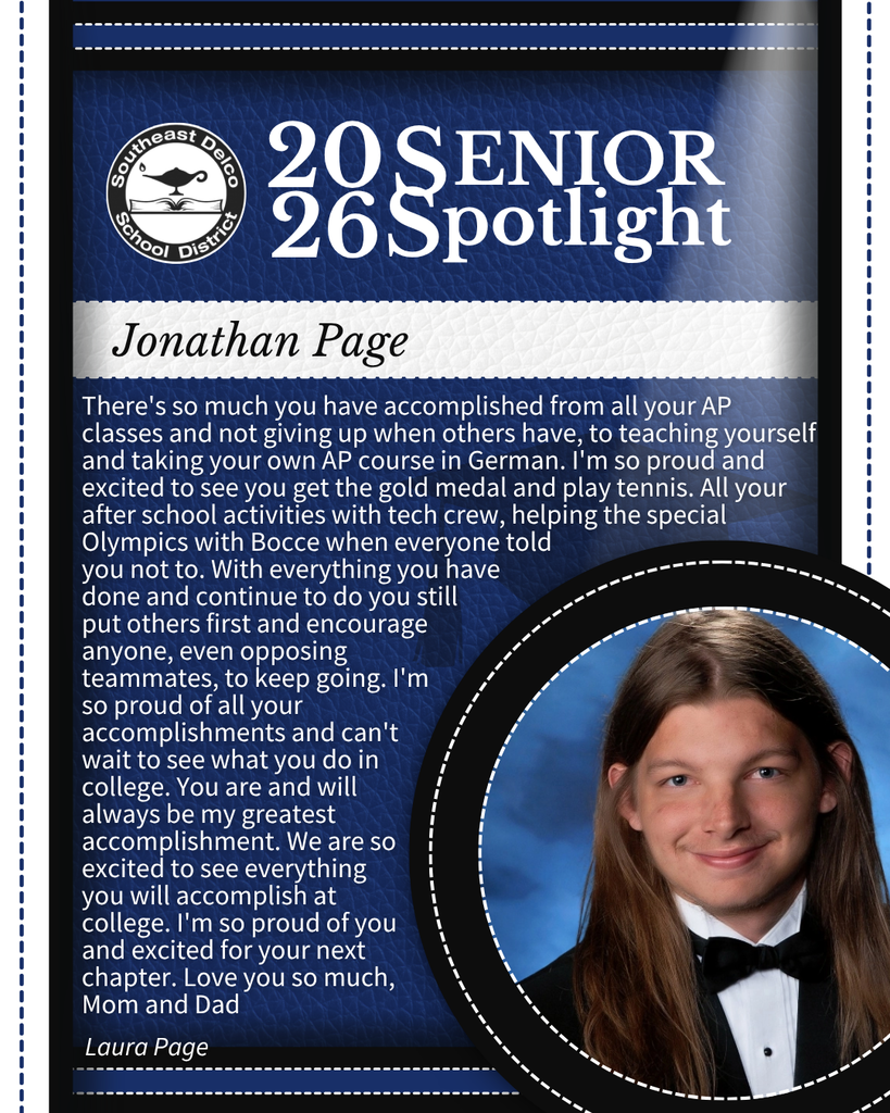 Senior spotlight for Jonathan Page highlighting his achievements in AP classes, German, tennis, and special Olympics involvement, with a heartfelt message from his parents.