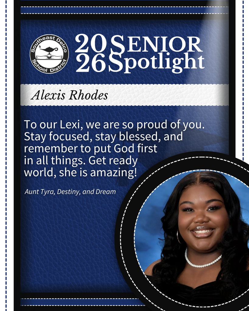 Senior spotlight for Alexis Rhodes with a congratulatory message from her family and a formal portrait against a blue background.