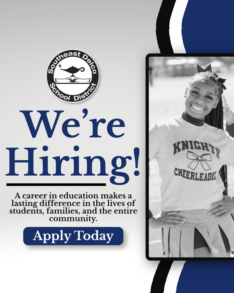 Southeast Delco School District hiring announcement with a cheerleader in uniform on the right side of the image.