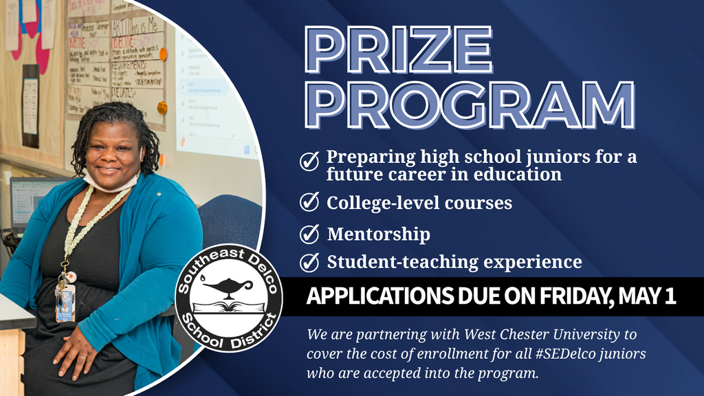 High school junior seated in classroom promoting Southeast Delco School District's Prize Program for education careers.