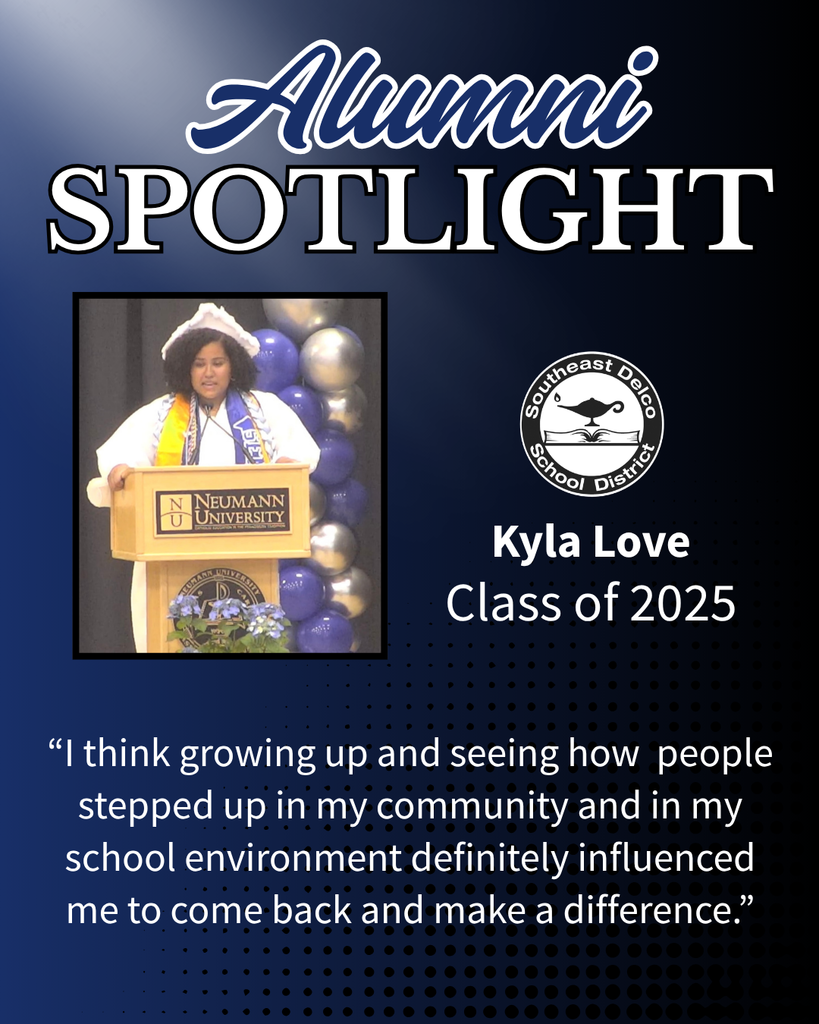 Kyla Love, Class of 2025, speaking at a Neumann University podium with balloons behind her in the Southeast Delco School District Alumni Spotlight.