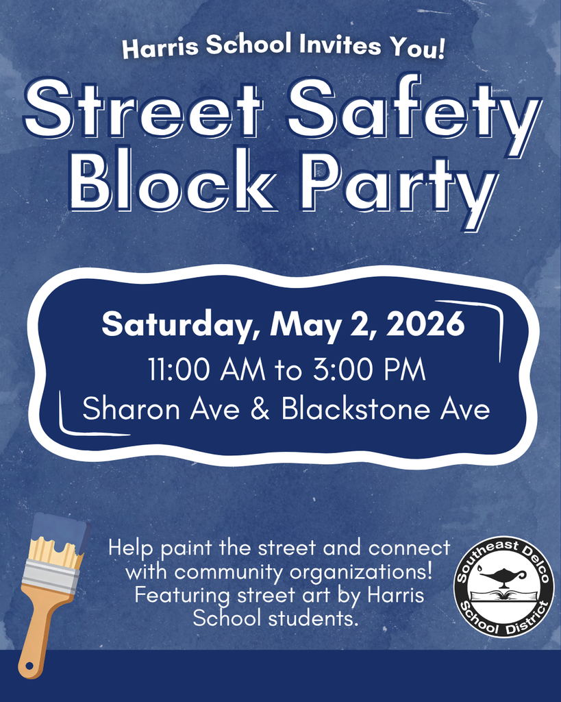 Invitation to Harris School's Street Safety Block Party on May 2, 2026, from 11 AM to 3 PM at Sharon Ave and Blackstone Ave.