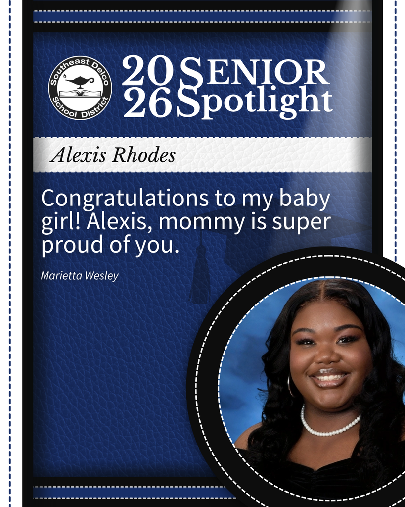 Senior spotlight for Alexis Rhodes with a congratulatory message from Marietta Wesley on a blue textured background.