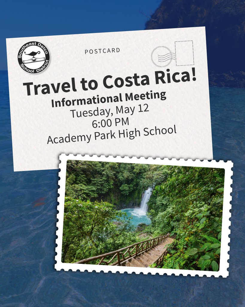 Postcard announcing a Costa Rica travel meeting on May 12 at Academy Park High School with a lush waterfall photo.