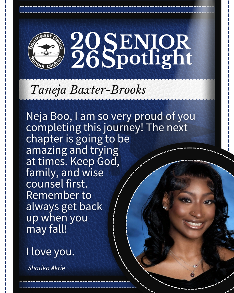 2026 Senior Spotlight for Taneja Baxter-Brooks with a heartfelt congratulatory message from Shatika Akrie on a blue background.