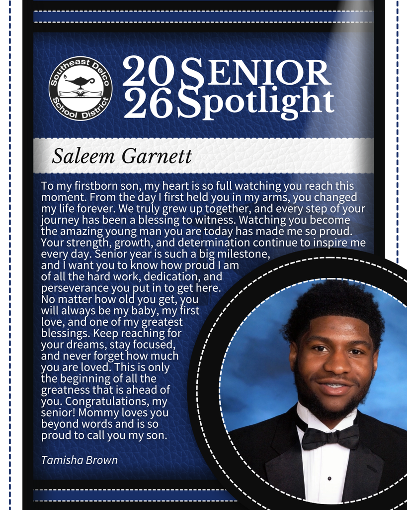 Senior spotlight page showing a young man in a tuxedo with a touching letter from his mother expressing pride and encouragement.