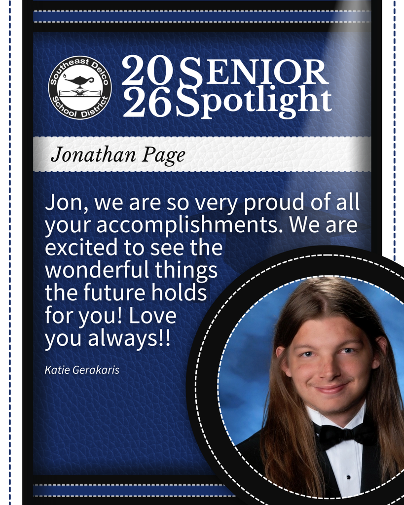 Senior spotlight for Jonathan Page with a congratulatory message and a formal portrait in a tuxedo against a blue background.