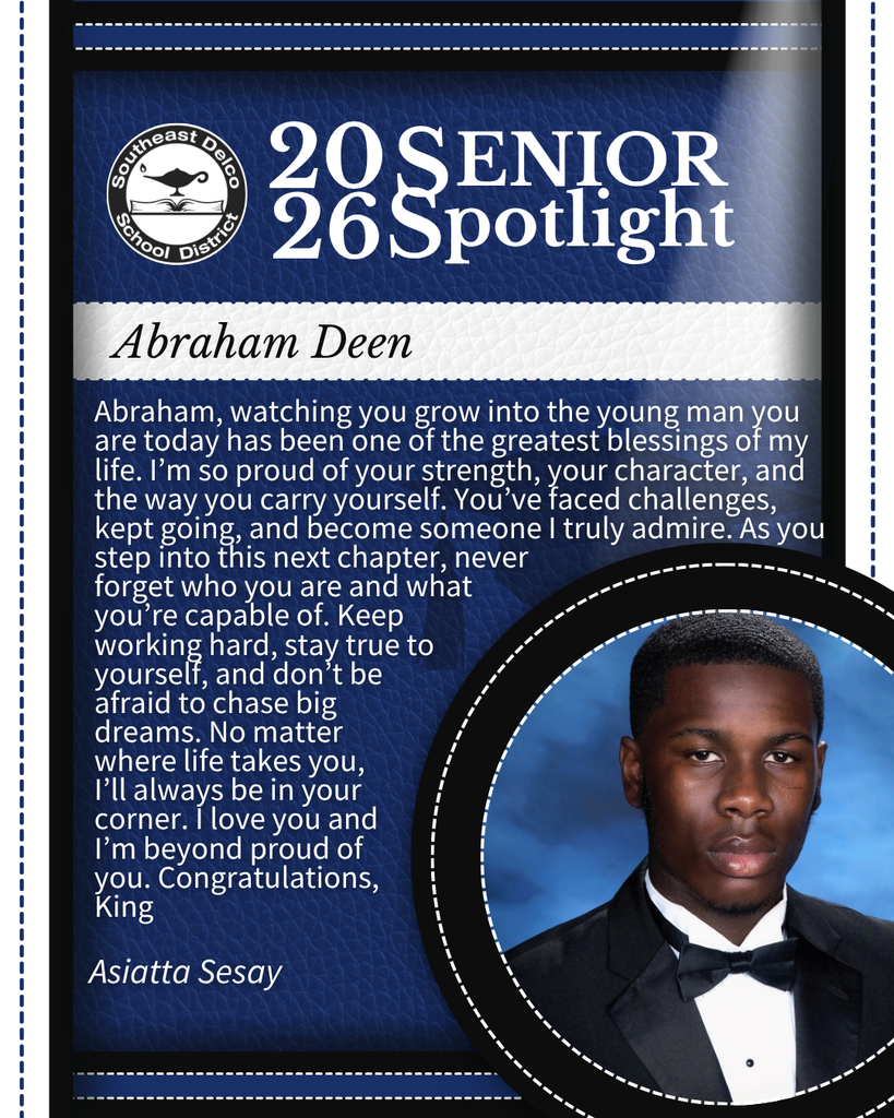 Senior spotlight for Abraham Deen with a heartfelt message praising his strength, character, and perseverance, accompanied by his formal portrait in a tuxedo.