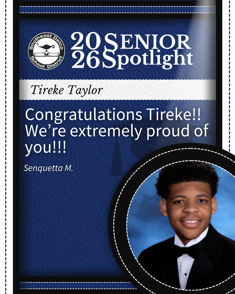 Senior spotlight for Tireke Taylor from Southeast Delco School District congratulating him with a formal portrait in a tuxedo.
