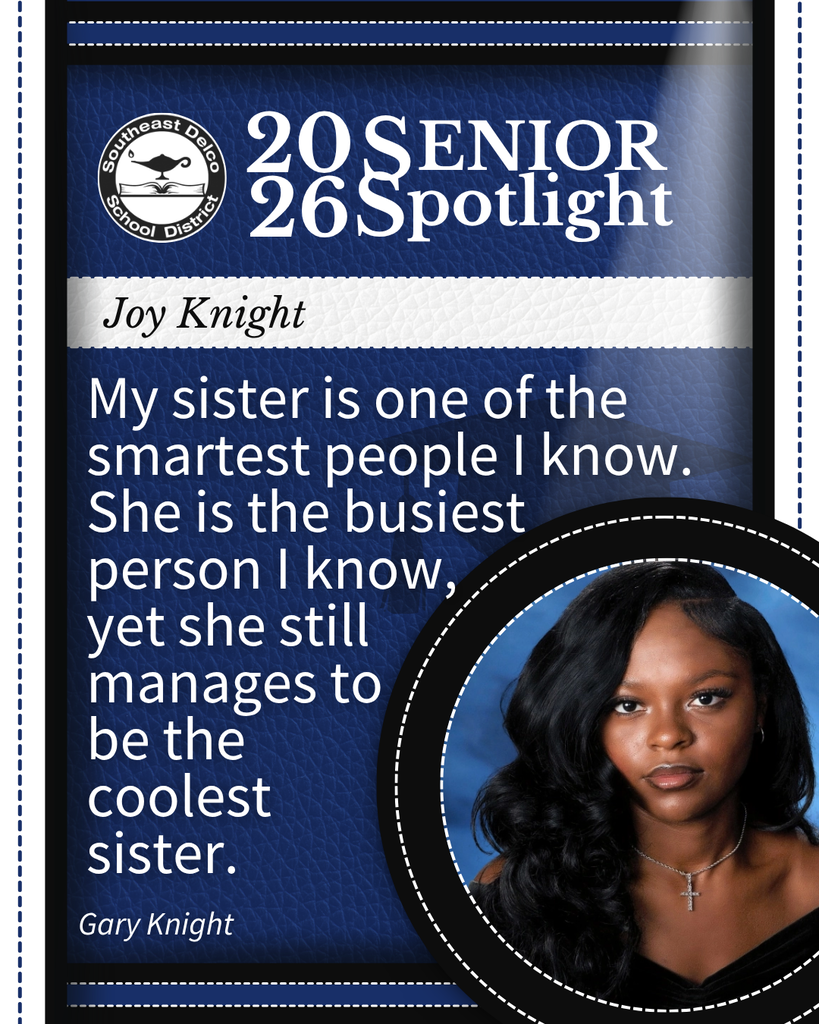 Joy Knight in a black off-shoulder top with a cross necklace, featured in the 2026 Senior Spotlight by Southeast Delco School District.
