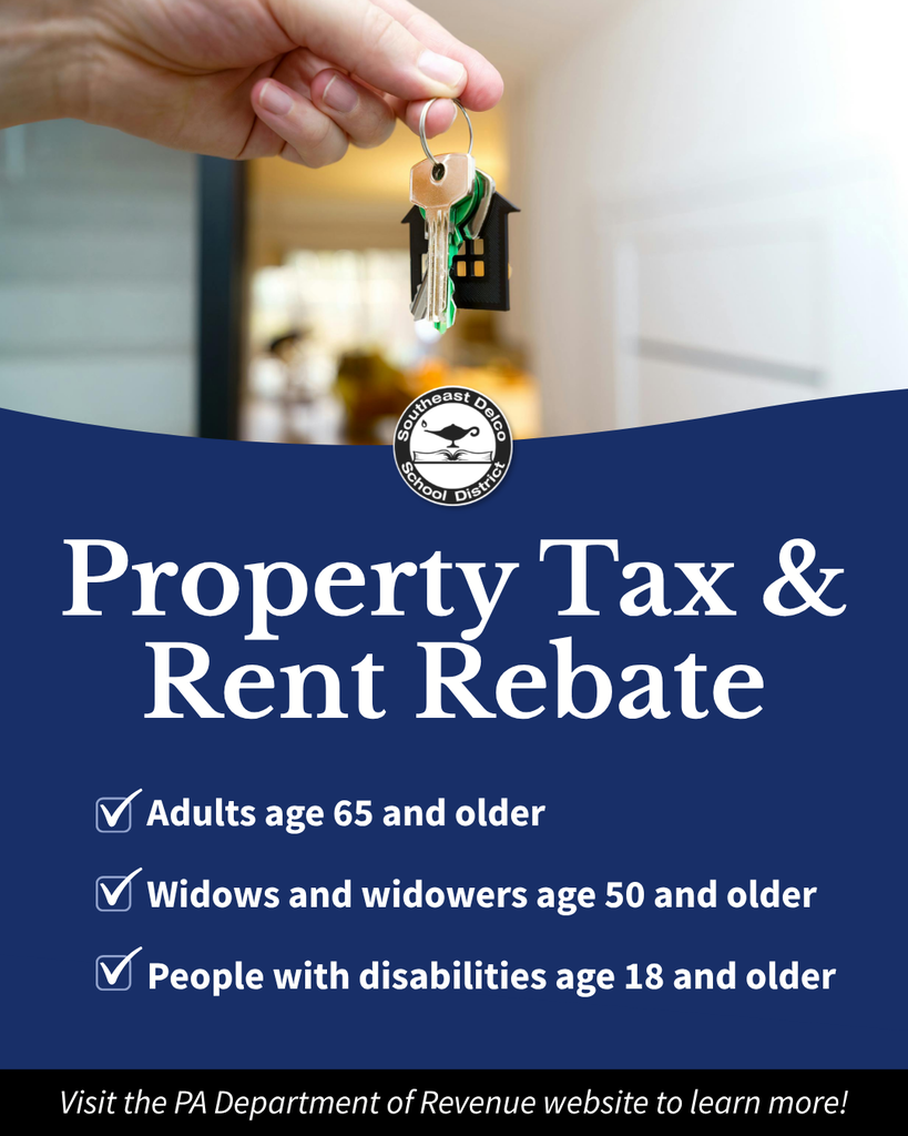 Hand holding a keychain with house-shaped keyring above text about property tax and rent rebate eligibility for seniors, widows, and disabled individuals.