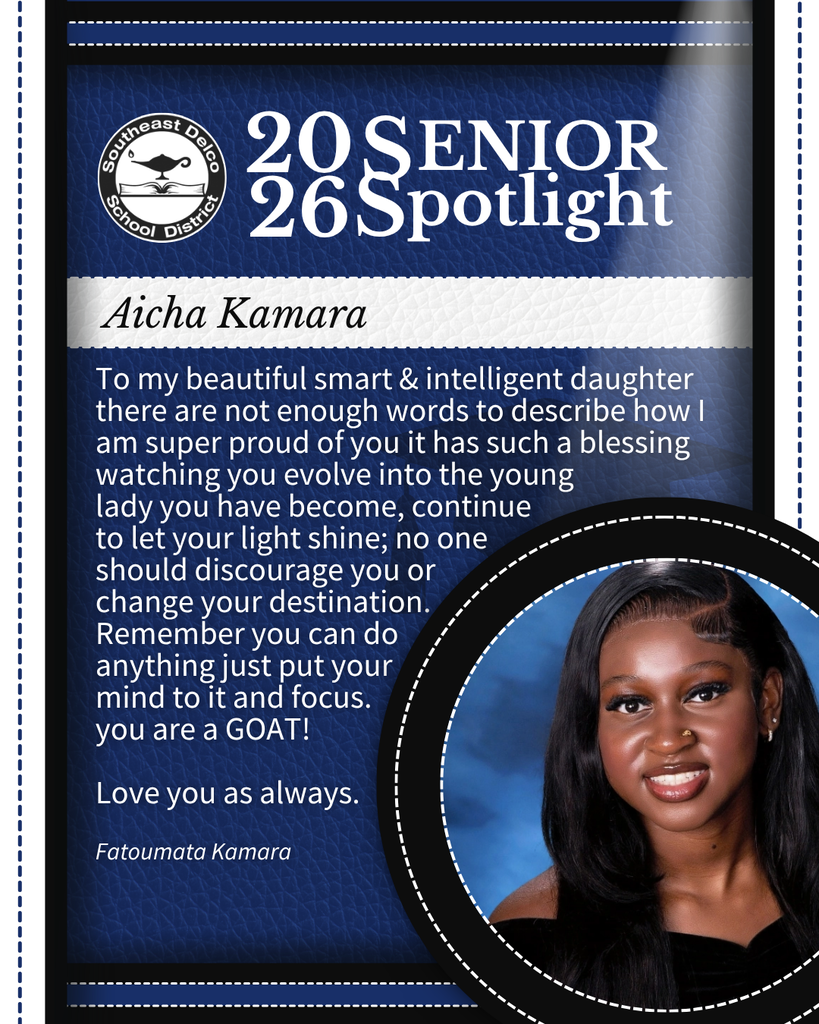 Senior spotlight for Aicha Kamara with a heartfelt message from Fatoumata Kamara praising her intelligence and encouraging her to stay focused.