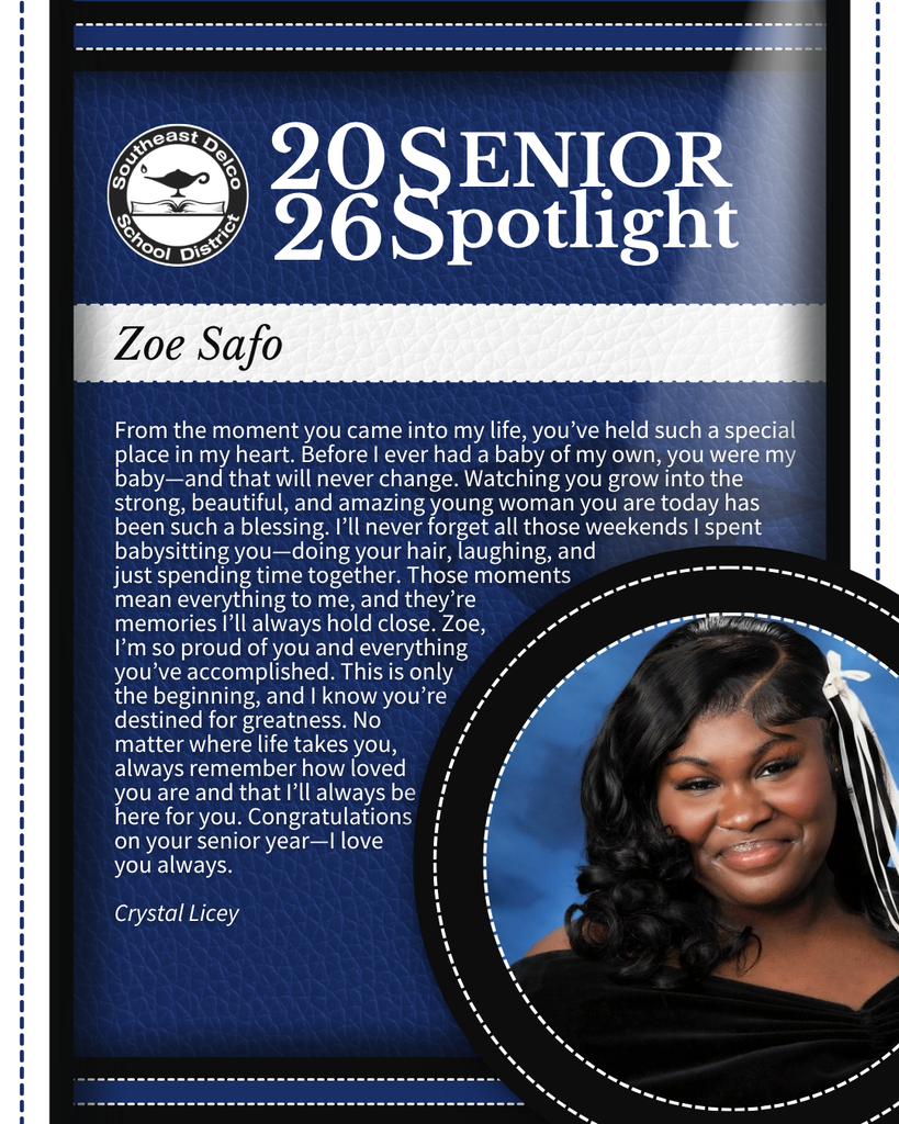 Senior spotlight for Zoe Safo with a heartfelt message from Crystal Licey celebrating her growth and achievements.
