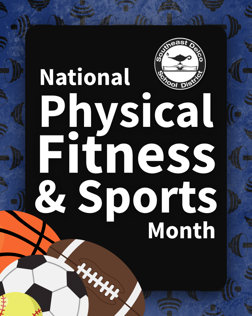 Design highlighting National Physical Fitness & Sports Month with various sports balls on a blue background.