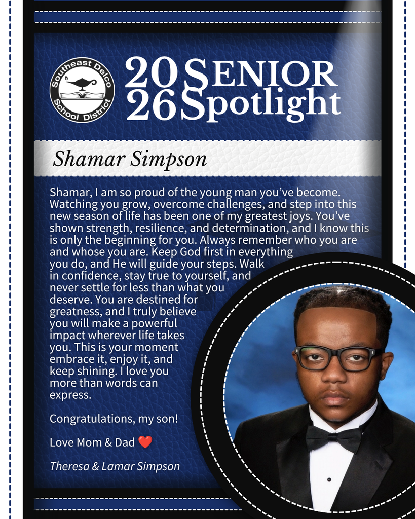 Senior spotlight for Shamar Simpson with a heartfelt message from his parents and a formal portrait of him in a tuxedo.