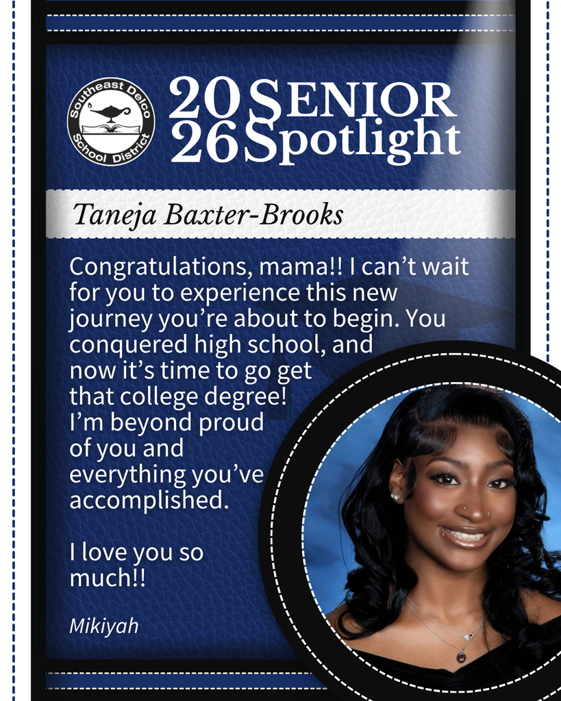 Senior spotlight for Taneja Baxter-Brooks with a congratulatory message from Mikiyah celebrating her high school graduation and future college journey.