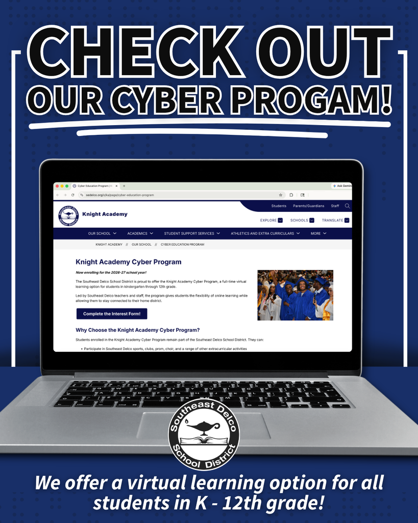 Laptop screen showing Knight Academy Cyber Program webpage promoting virtual learning for K-12 students in Southeast Delco School District.