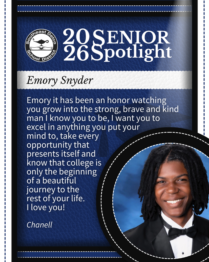 2026 Senior Spotlight for Emory Snyder featuring a heartfelt message about growth, bravery, and future college opportunities from Chanell.