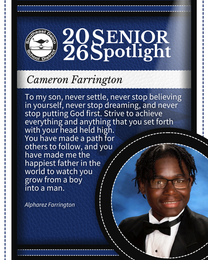 Senior spotlight for Cameron Farrington with a heartfelt message from Alpharez Farrington encouraging perseverance and faith.