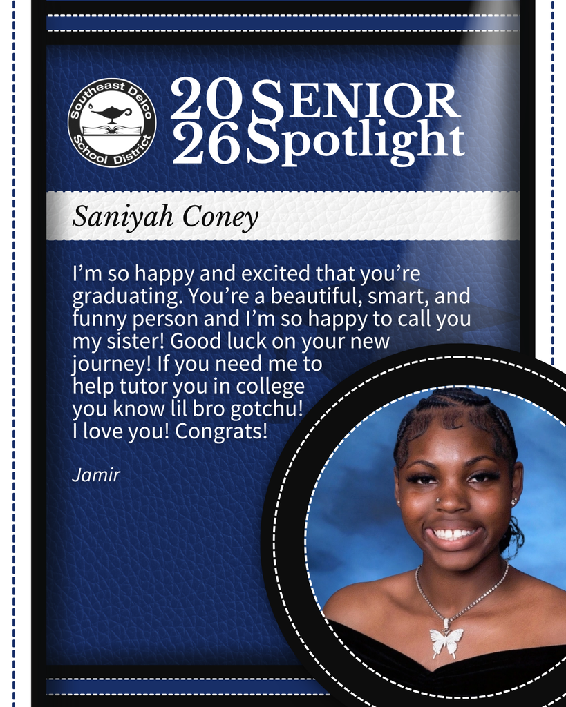 Senior spotlight for Saniyah Coney with a congratulatory message from Jamir and a portrait of Saniyah wearing a butterfly necklace.