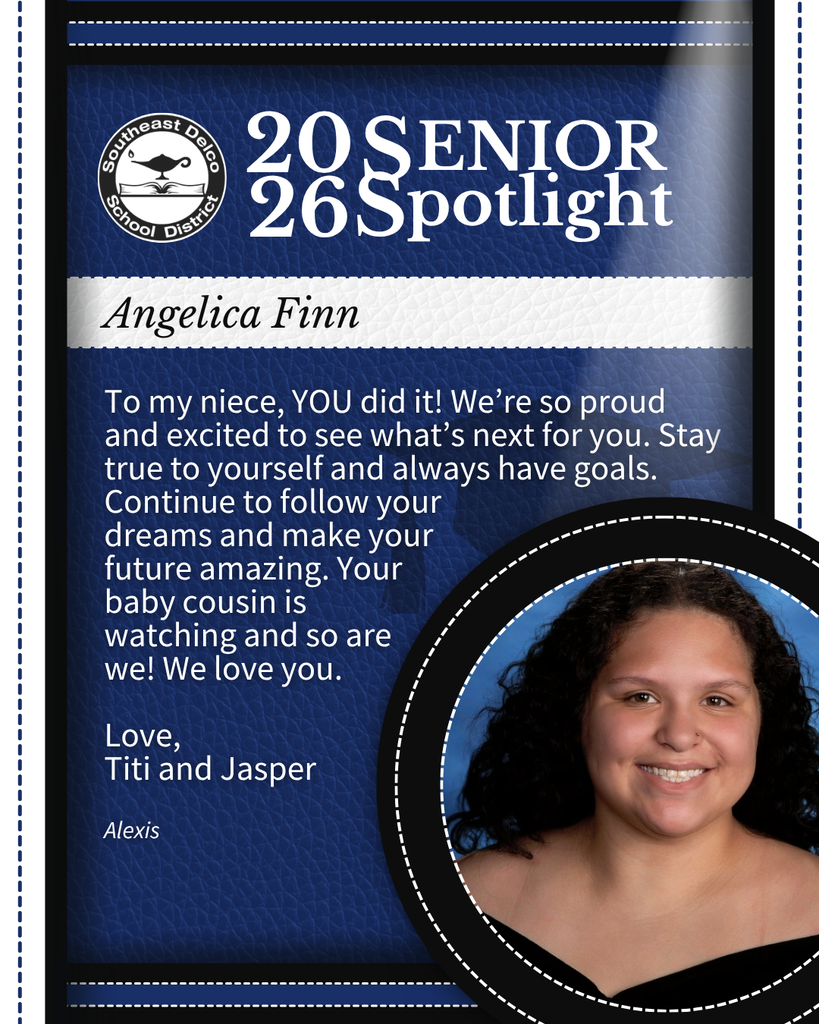 Senior spotlight for Angelica Finn from Southeast Delco School District with a congratulatory message from family and a blurred portrait.