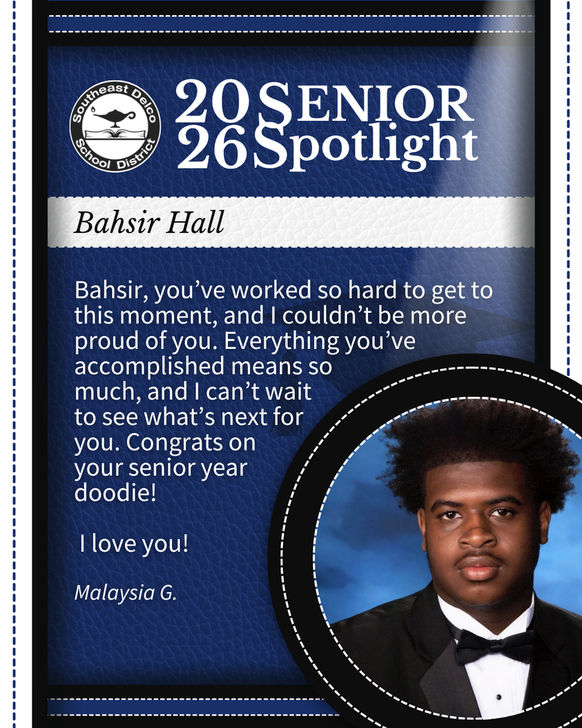 Senior spotlight for Bahsir Hall with a congratulatory message from Malaysia G. and a portrait of Bahsir in a tuxedo against a blue background.