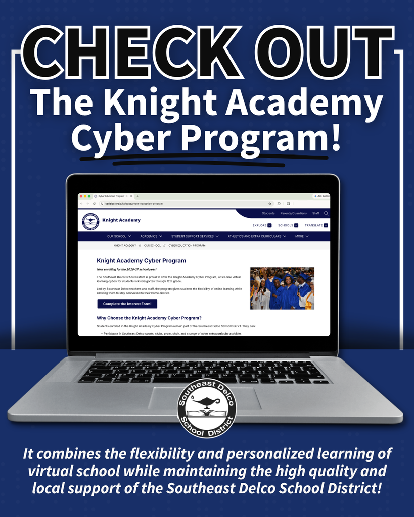 Laptop displaying Knight Academy Cyber Program webpage promoting flexible virtual learning with local Southeast Delco School District support.