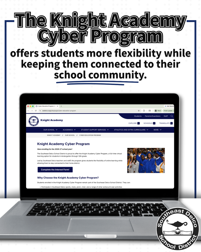Laptop screen displaying Knight Academy Cyber Program webpage offering flexible virtual learning options for students in Southeast Delco School District.