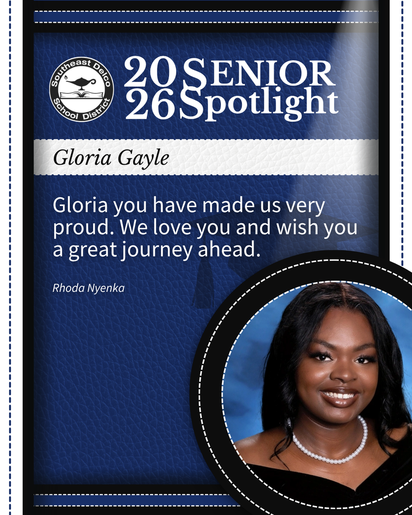 2026 Senior Spotlight for Gloria Gayle with a congratulatory message from Rhoda Nyenka on a blue textured background.