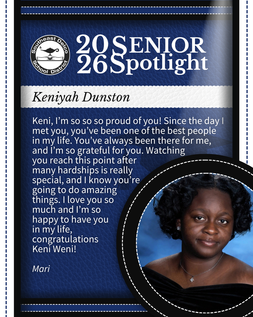 Senior spotlight for Keniyah Dunston with a heartfelt congratulatory message from Mari on a blue textured background.
