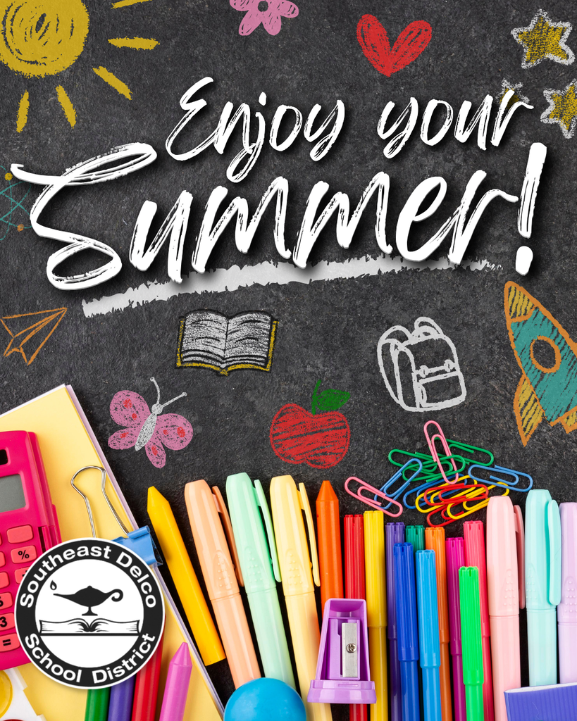 Colorful school supplies arranged below chalkboard text saying 'Enjoy your Summer!' with playful doodles of sun, heart, and rocket.