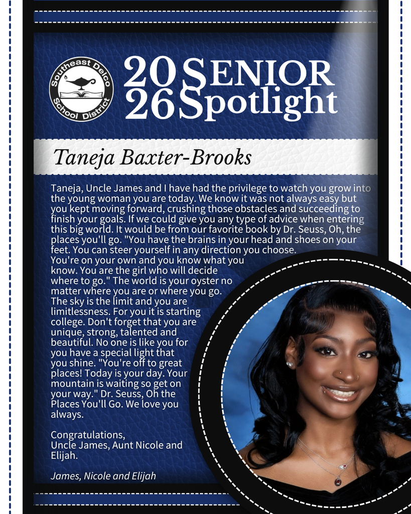 2026 Southeast Delco School District Senior Spotlight featuring Taneja Baxter-Brooks with a heartfelt message from family encouraging her to pursue her dreams.