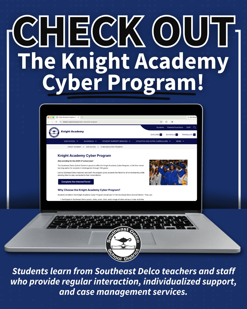 Laptop screen showing Knight Academy Cyber Program webpage with Southeast Delco School District logo below on blue background.