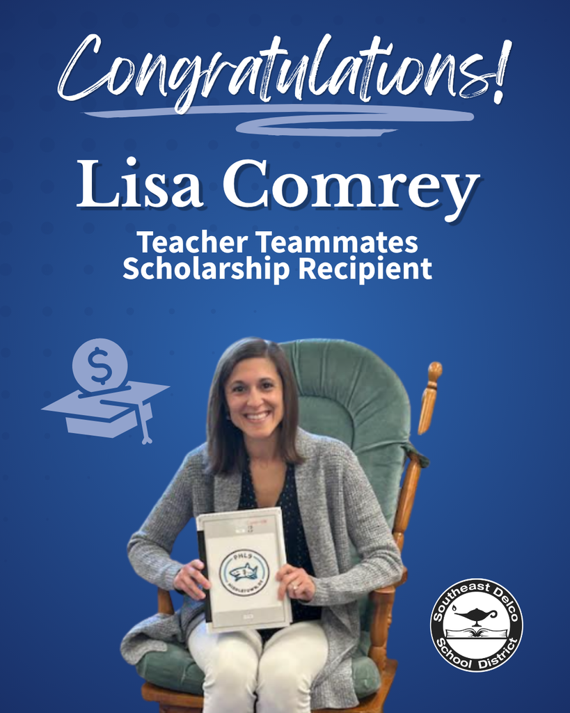 Lisa Comrey sitting in a green chair holding a certificate as the Teacher Teammates Scholarship Recipient with a congratulatory blue background.