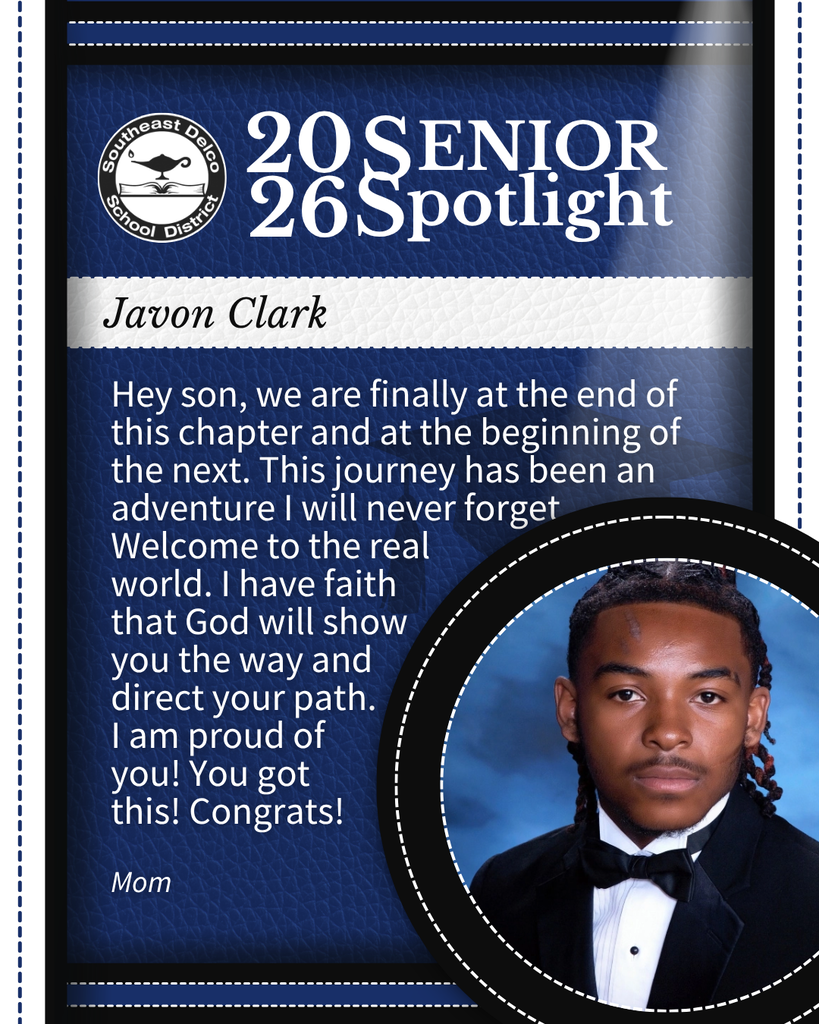 Senior spotlight for Javon Clark featuring a congratulatory message from his mom and a formal portrait of him in a tuxedo.