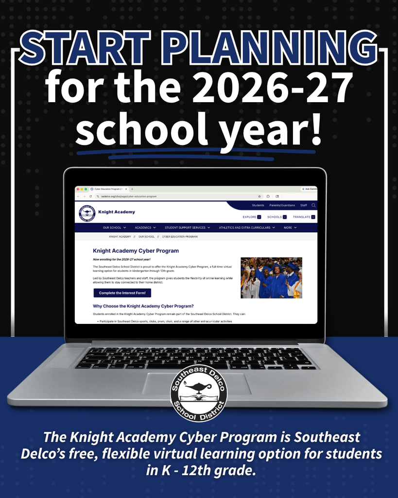 Laptop displaying Knight Academy Cyber Program webpage promoting Southeast Delco's free virtual learning for K-12 students for 2026-27 school year.